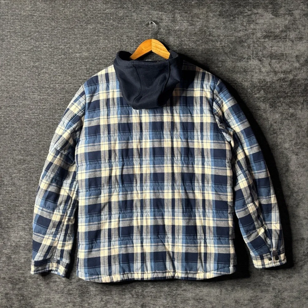 Levis Mens Blue Plaid Quilted Hooded Flannel Shirt Jacket Insulated Size Medium